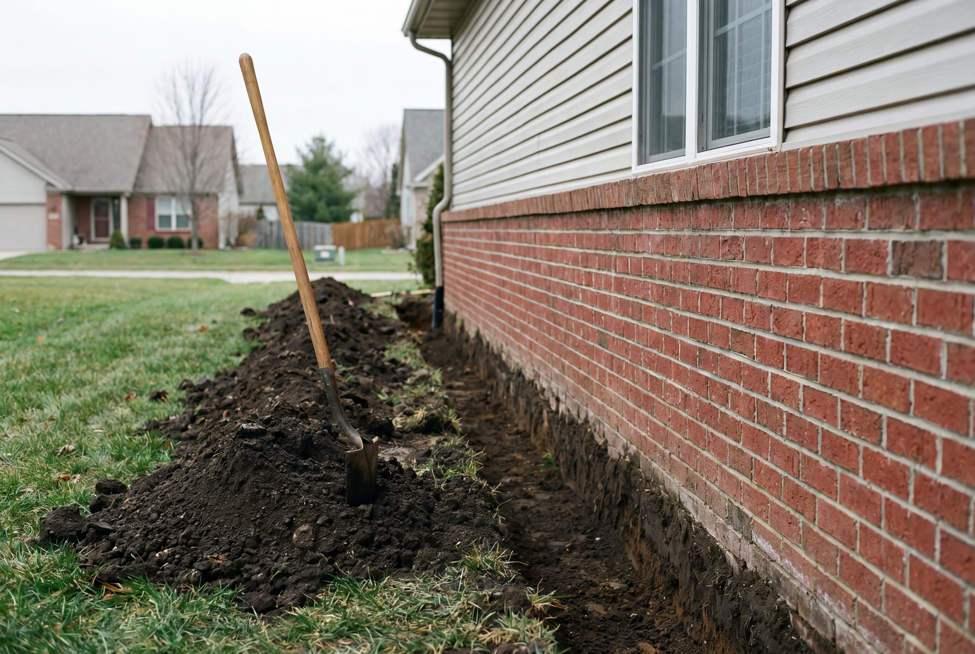 Trench drain installation along a house foundation