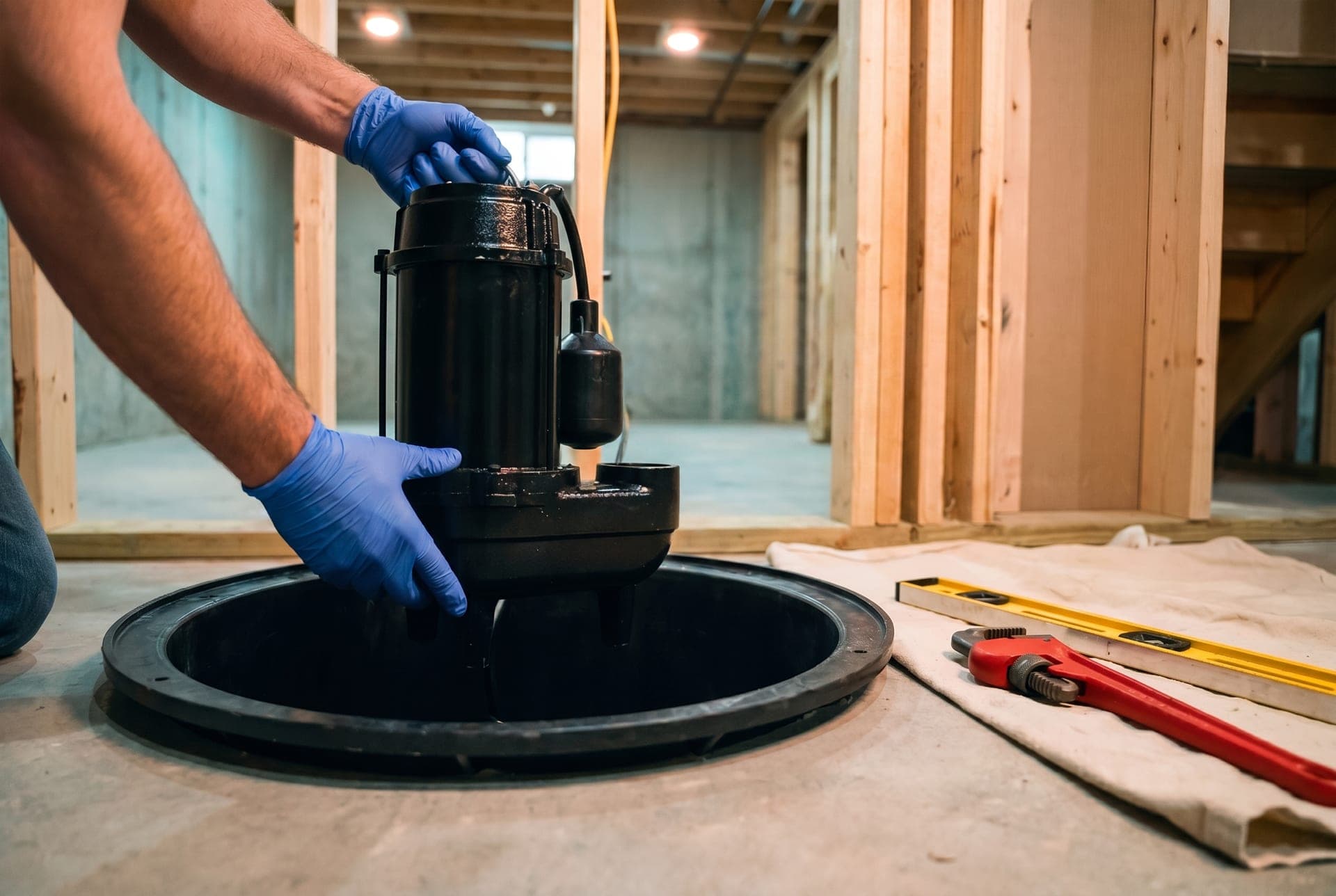 Sump pump installation in progress