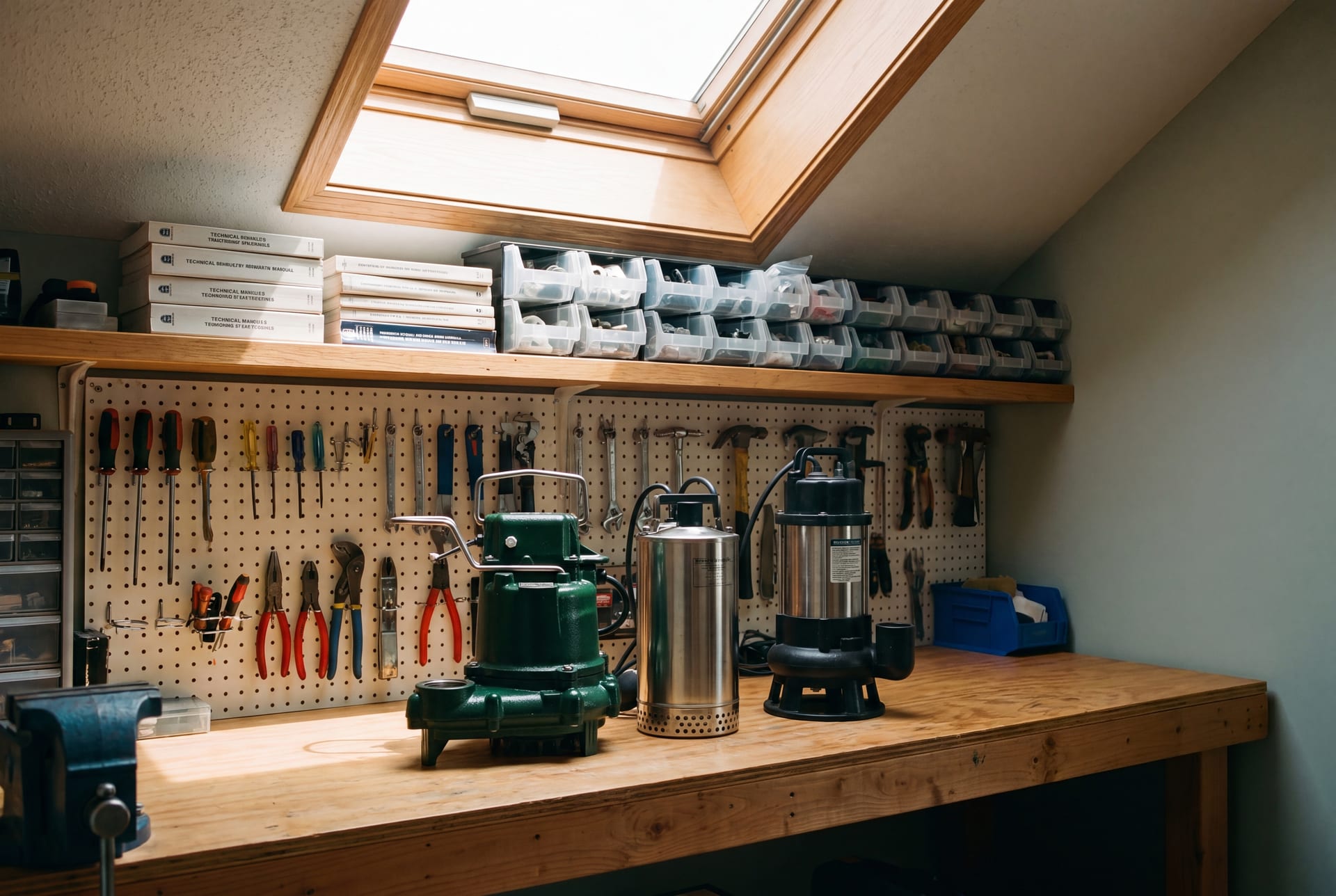 K-Sump workbench with pumps, parts, and manuals