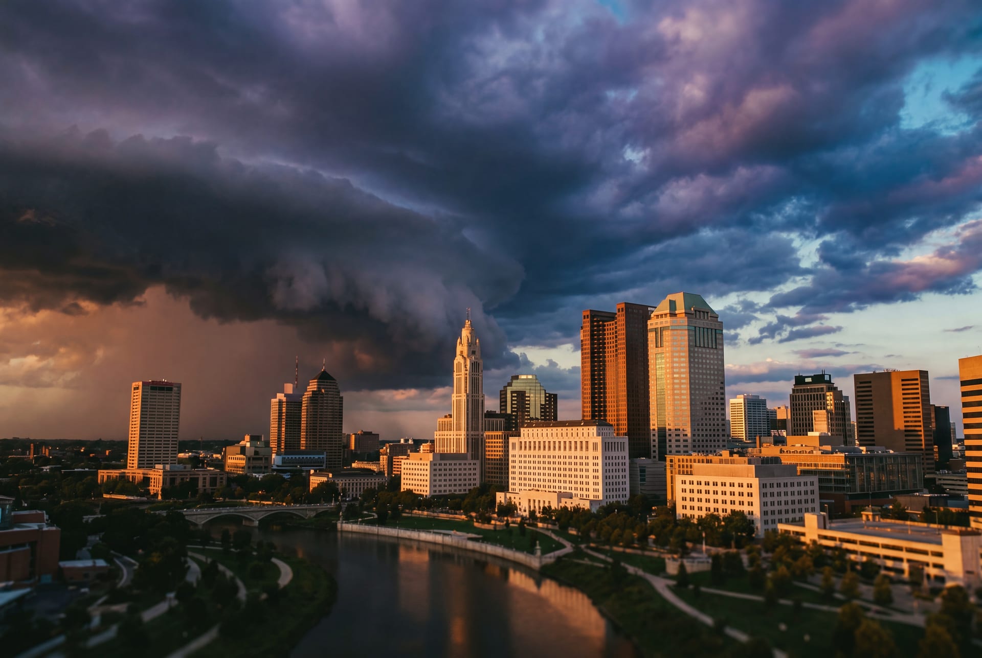 Columbus skyline under stormy sky