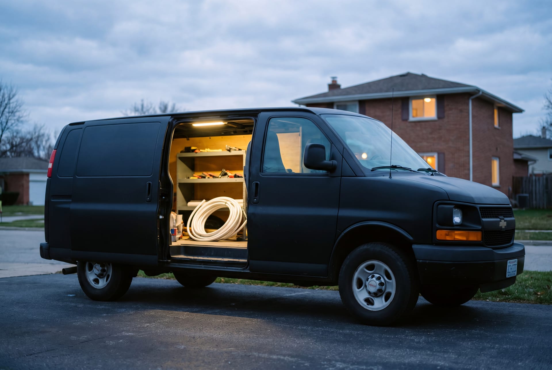 K-Sump work van with side door open, organized inventory
